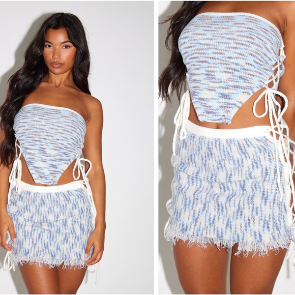 Pretty Little Thing Denim Space Dye Knit Lace Up Side Mini Skirt & Bandeau Top - Picture 3 of 16
